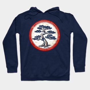 Blue bonsai on vintage distressed circular background Hoodie